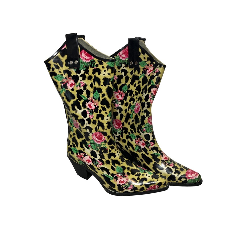 Nomad Women Leopard Floral Print Western Rain Boots Pink Rose Rubber Mid Calf